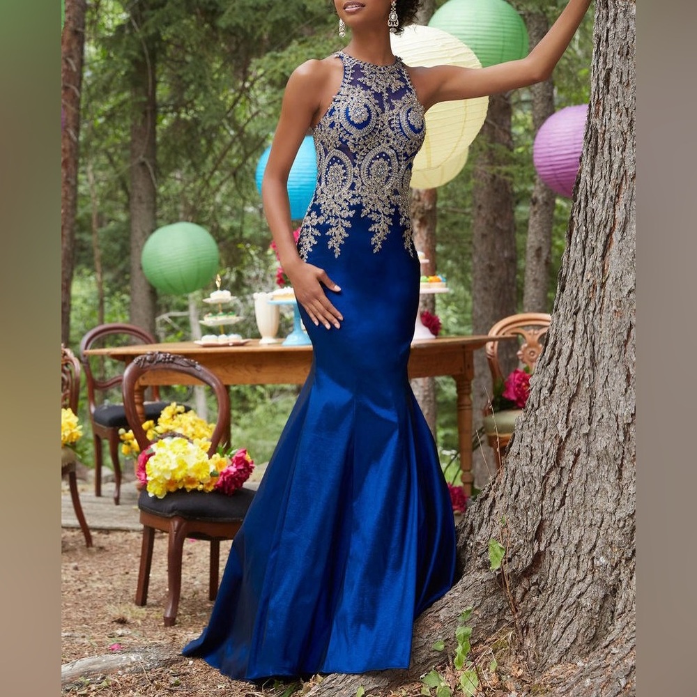 Anny Lee Blue Sapphire Gold Embroidered Rhinestone Embellished Formal Dress
